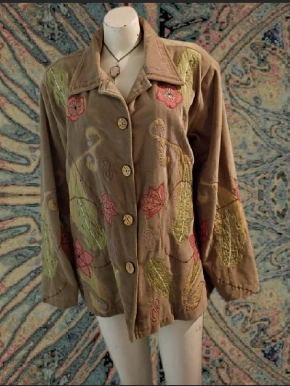 VTG 90s Indigo Moon women's 2XL 100% cotton tan floral leaf embroidery jacket